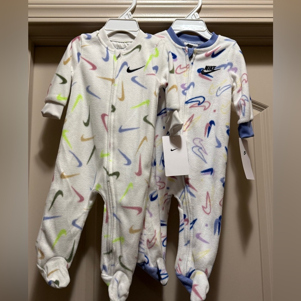 Nike Fleece One Piece Footies - White with Multicolor Swooshes